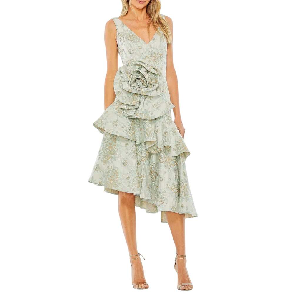 Mac Duggal 68613 Blue Cocktail Dress Floral Brocade Ruffled High Low Size 6